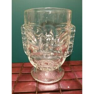 Vintage Tall Clear Glass Two Faced Happy/Angry Tiki Mug Goblet